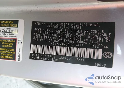 2009 Toyota Camry Le z USA, uszkodzony, nr VIN 4T1BE46K09U358677